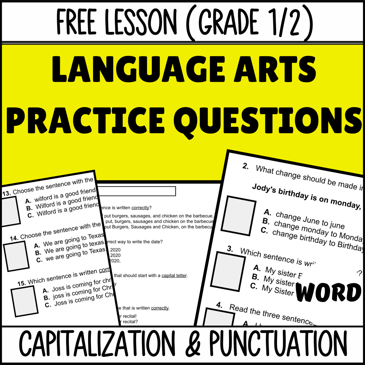 An educational teaching resource from Cored Education entitled Capitalization and Punctuation Sample - Grades 1-2 Grammar (Word) downloadable at Teach Simple.