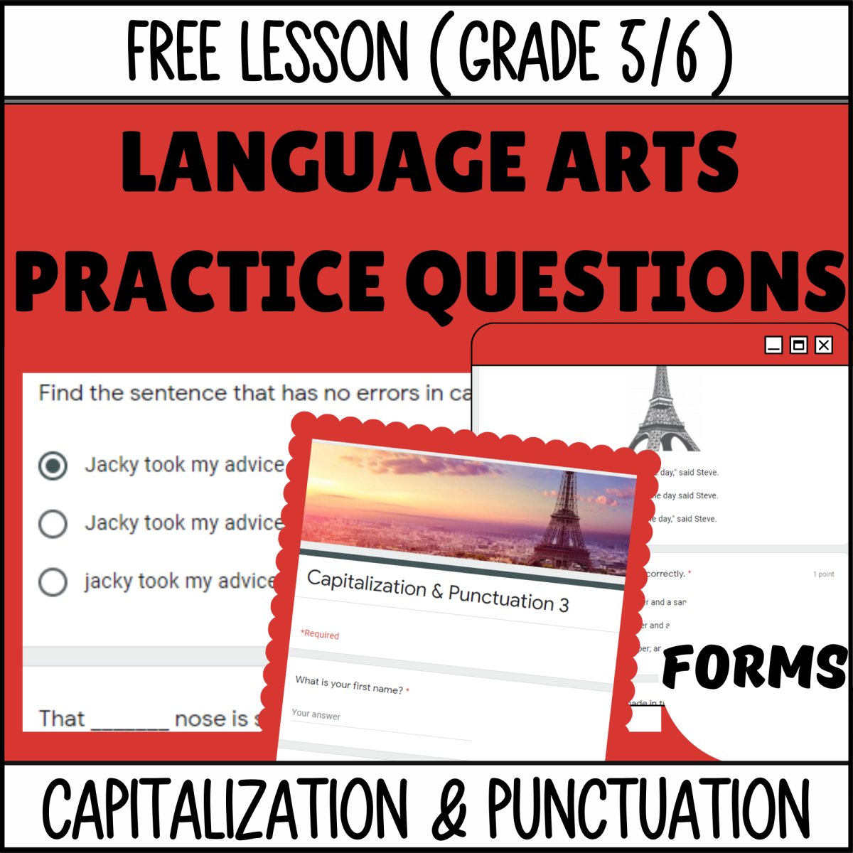 An educational teaching resource from Cored Education entitled Capitalization and Punctuation Sample Lesson Grade 5-6 (Forms) downloadable at Teach Simple.
