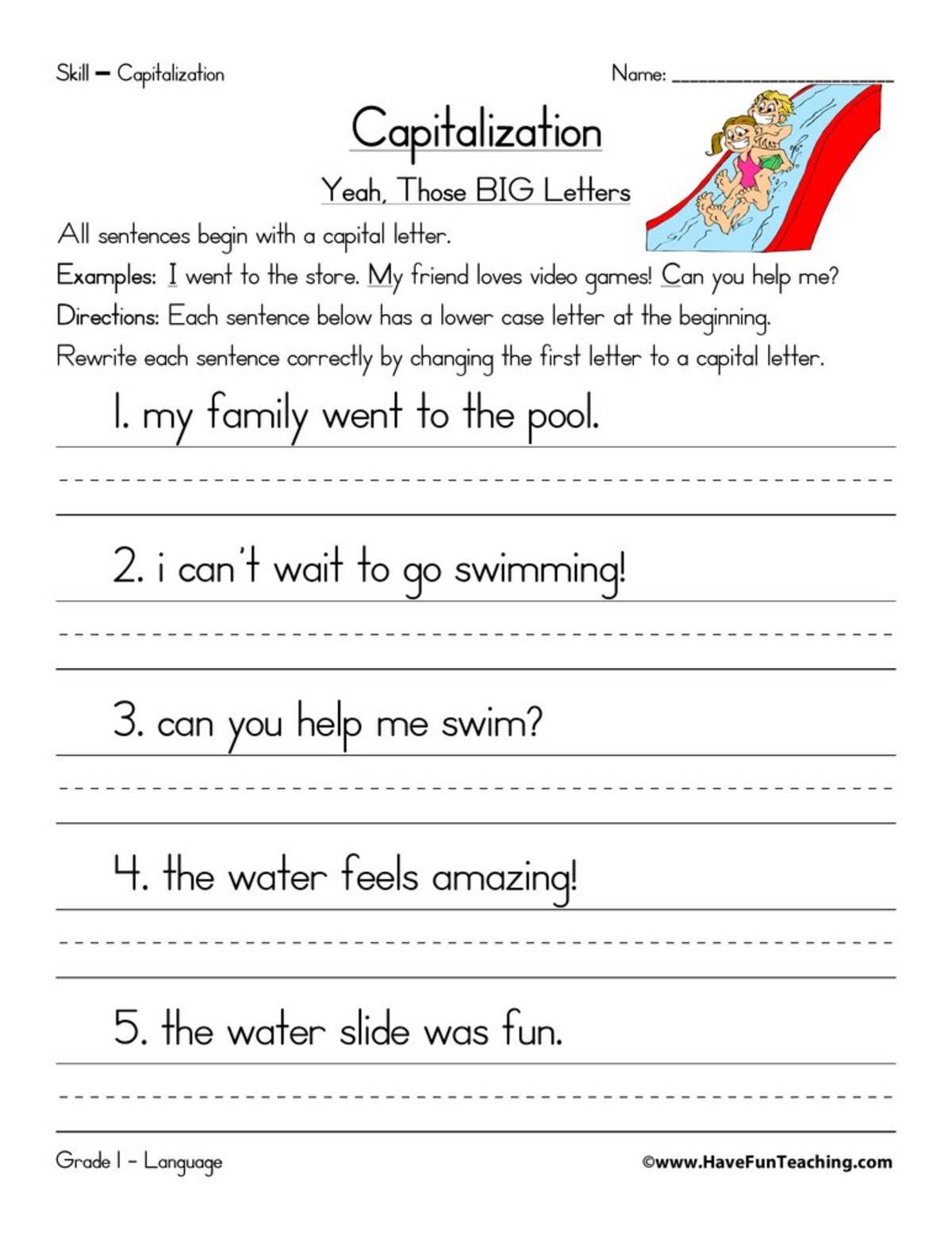 An educational teaching resource from Have Fun Teaching entitled Capitalization Beginning of a Sentence Worksheet downloadable at Teach Simple.
