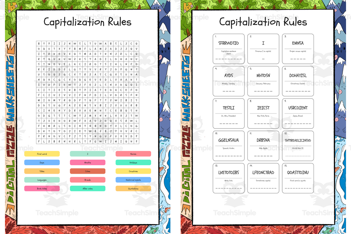 An educational teaching resource from Lapiiin Art Activities entitled Capitalization Rules word search, scramble and crossword puzzle downloadable at Teach Simple.