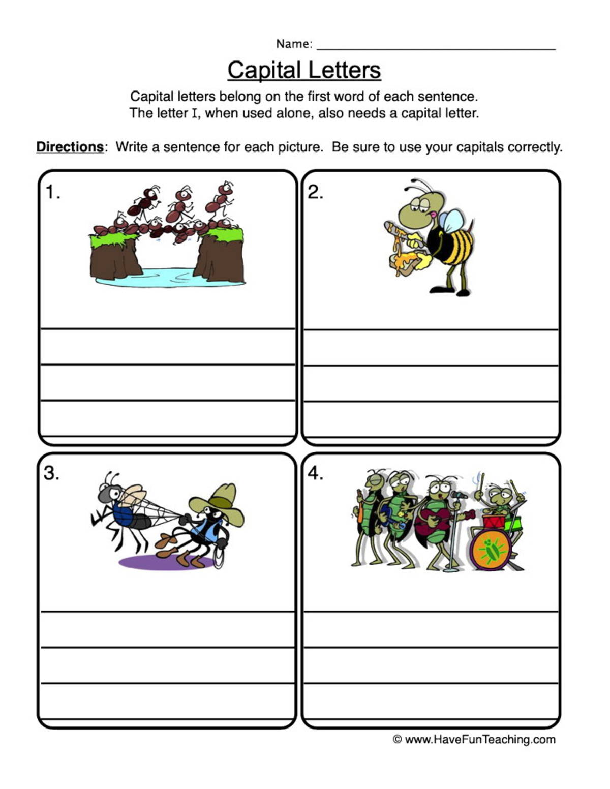 An educational teaching resource from Have Fun Teaching entitled Capitalization Writing Sentences Worksheet downloadable at Teach Simple.