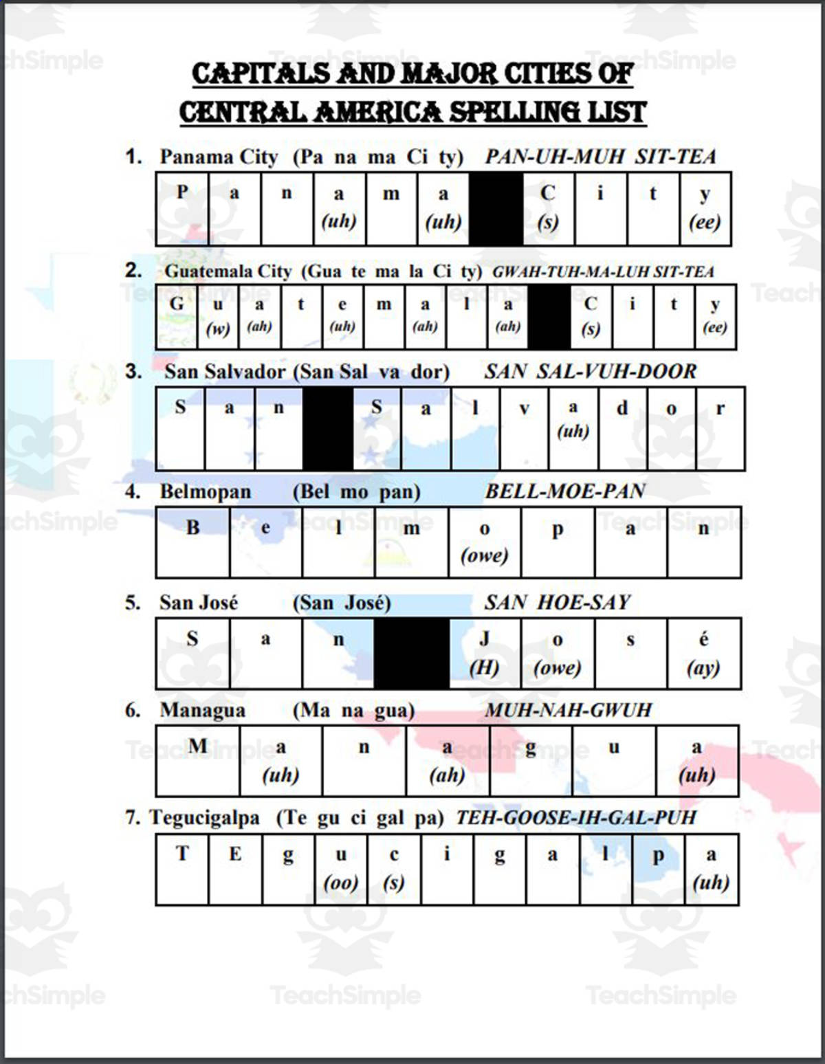 An educational teaching resource from Mr. Matthews Teacher Store entitled Capitals and Major Cities of Central America Spelling List downloadable at Teach Simple.