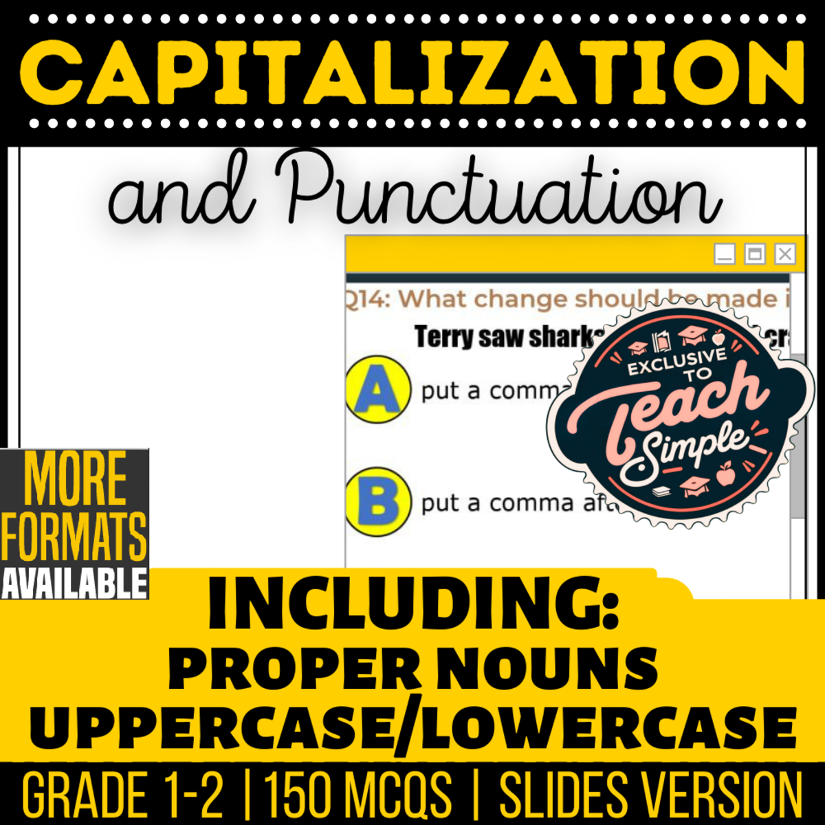 An educational teaching resource from Cored Education entitled Captitalization and Punctuation Practice Questions Grades 1-2 (Slides) downloadable at Teach Simple.