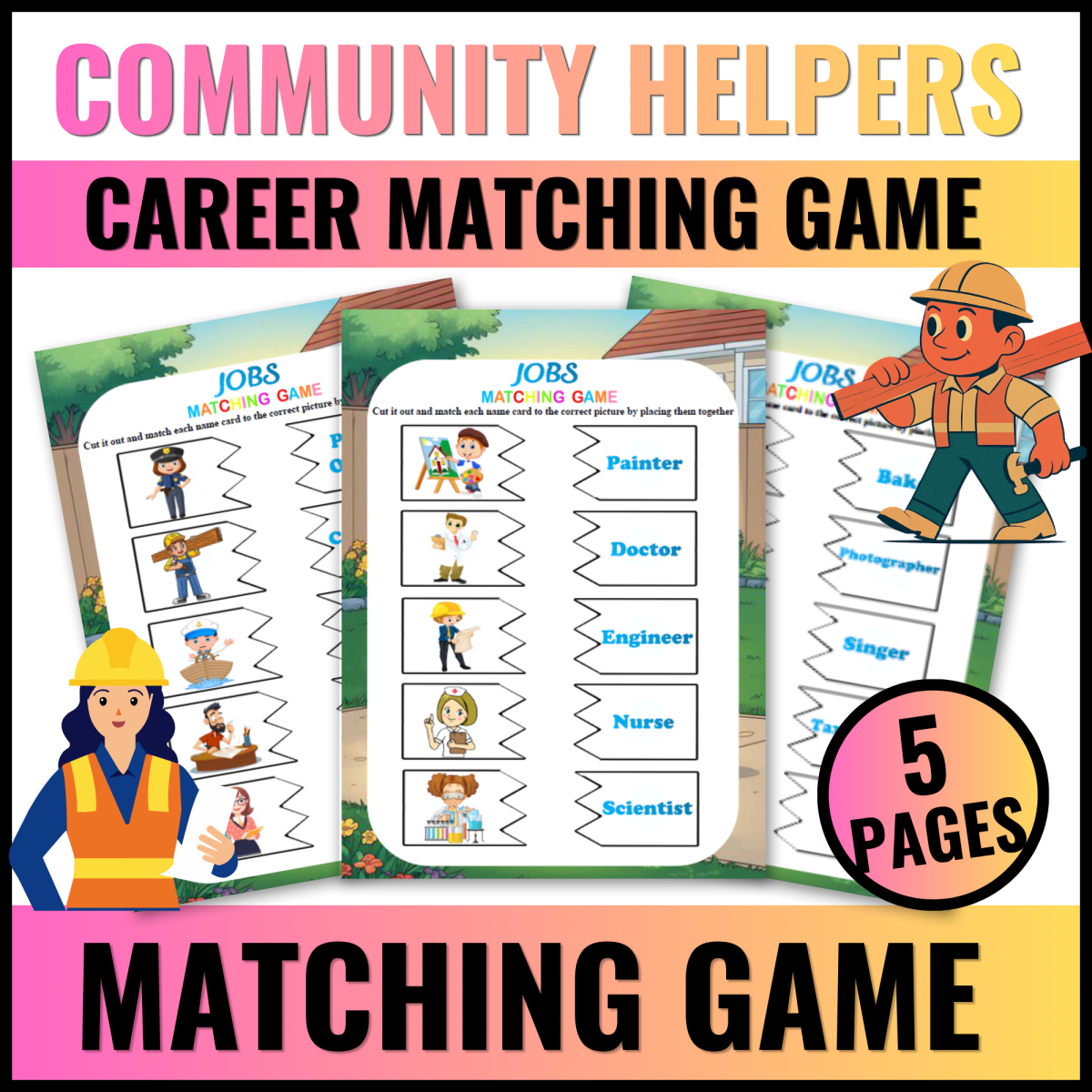 An educational teaching resource from Bambolina55 entitled Career - Community Helpers Matching Game | Labor Day for Kindergarten downloadable at Teach Simple.