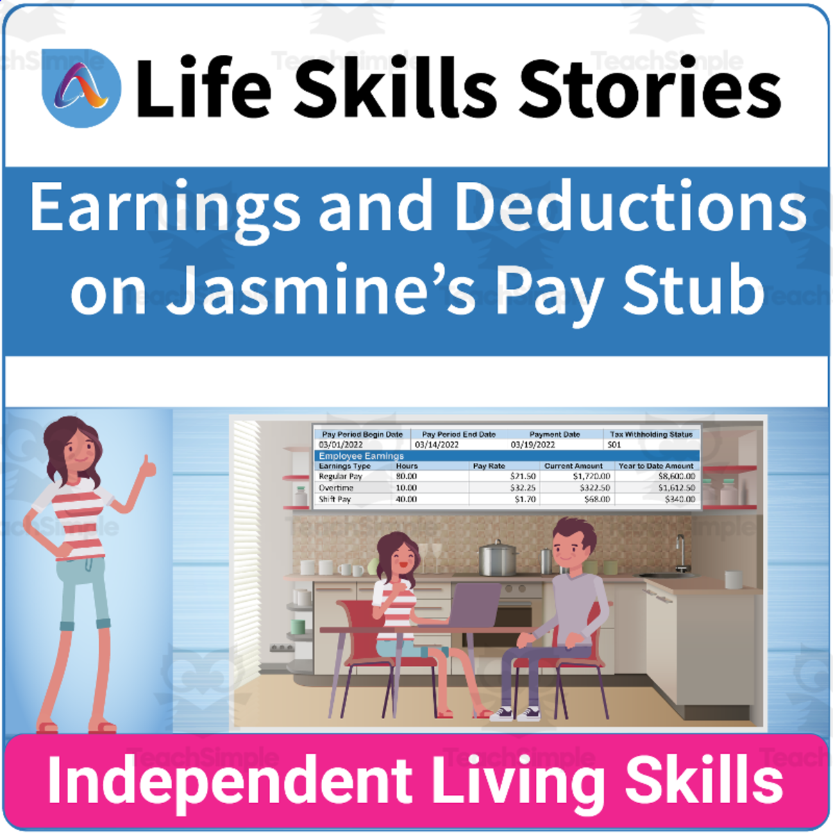 An educational teaching resource from Adulting Life Skills Resources entitled Career Readiness Skills: Earnings and Deductions on Jasmine’s Pay Stub downloadable at Teach Simple.