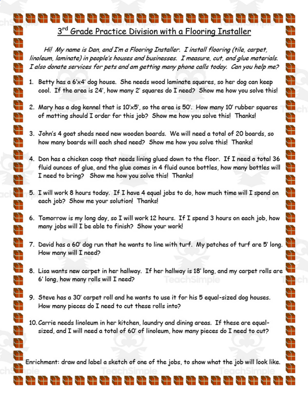 An educational teaching resource from Anyone Can Learn entitled Careers Now and Then | 3rd Grade Division Practice with a Flooring Installer downloadable at Teach Simple.