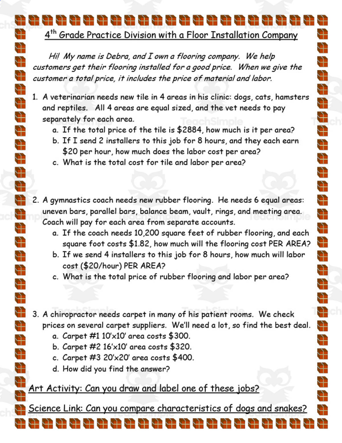 An educational teaching resource from Anyone Can Learn entitled Careers Now and Then | 4th Grade Division Practice with a Flooring Installer downloadable at Teach Simple.