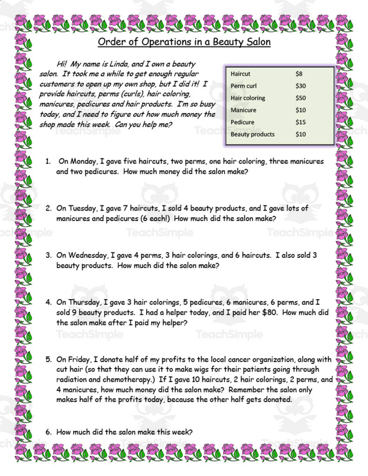 An educational teaching resource from Anyone Can Learn entitled Careers Now and Then | Order of Operations in a Beauty Salon downloadable at Teach Simple.