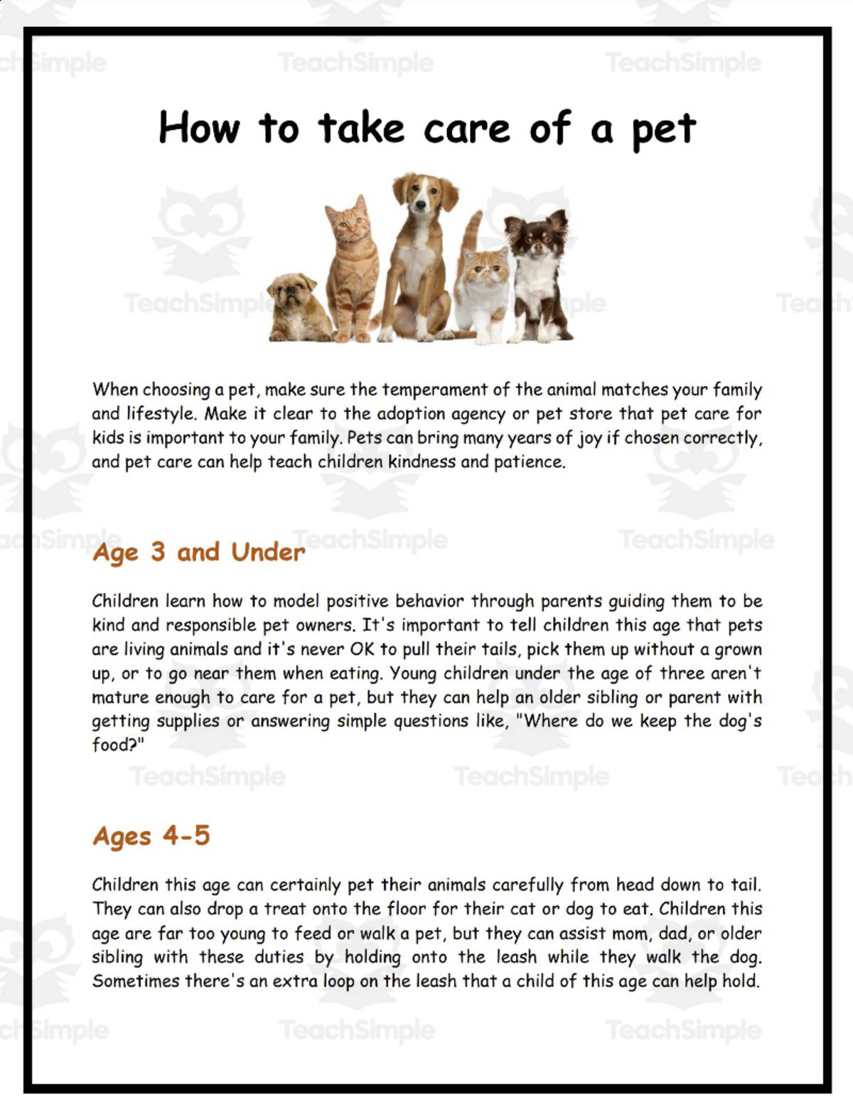 An educational teaching resource from Elementary Resources 4 U entitled Caring for a Pet downloadable at Teach Simple.