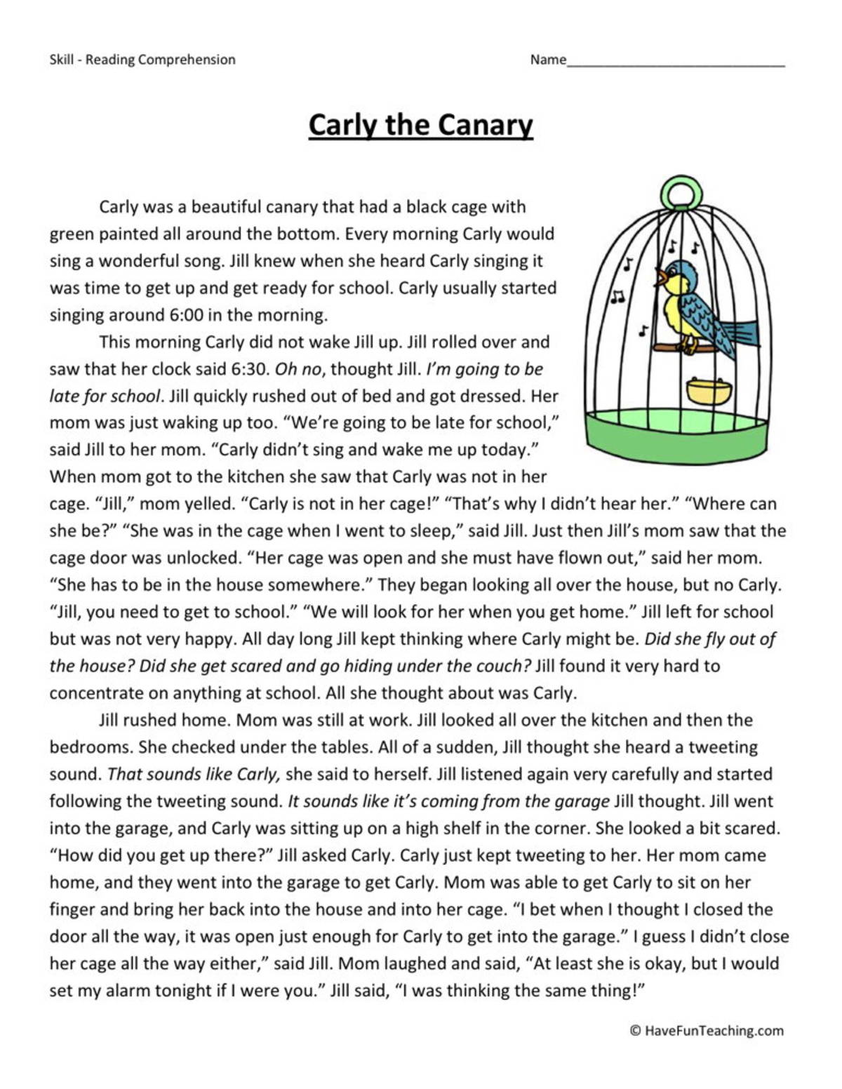 An educational teaching resource from Have Fun Teaching entitled Carly the Canary - Reading Comprehension Worksheet downloadable at Teach Simple.