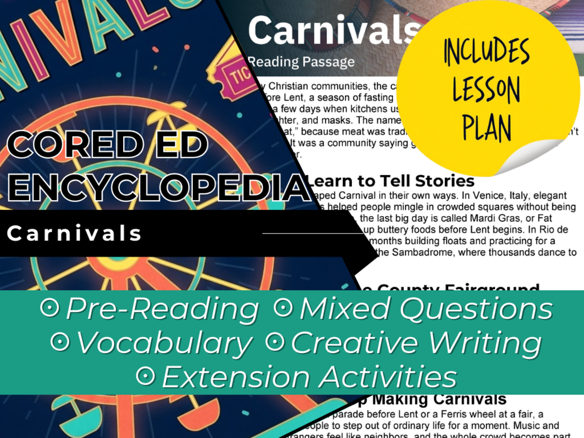 An educational teaching resource from Cored Education entitled Carnivals Reading Comprehension Passage - Cored Ed Encyclopedia downloadable at Teach Simple.