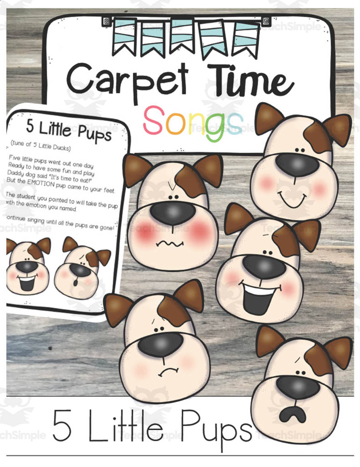 An educational teaching resource from The Proactive Classroom entitled Carpet Time Songs: 5 Little Pups downloadable at Teach Simple.