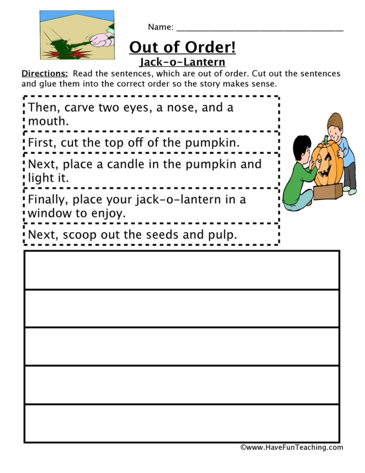 An educational teaching resource from Have Fun Teaching entitled Carving A Pumpkin Sequencing Worksheet downloadable at Teach Simple.