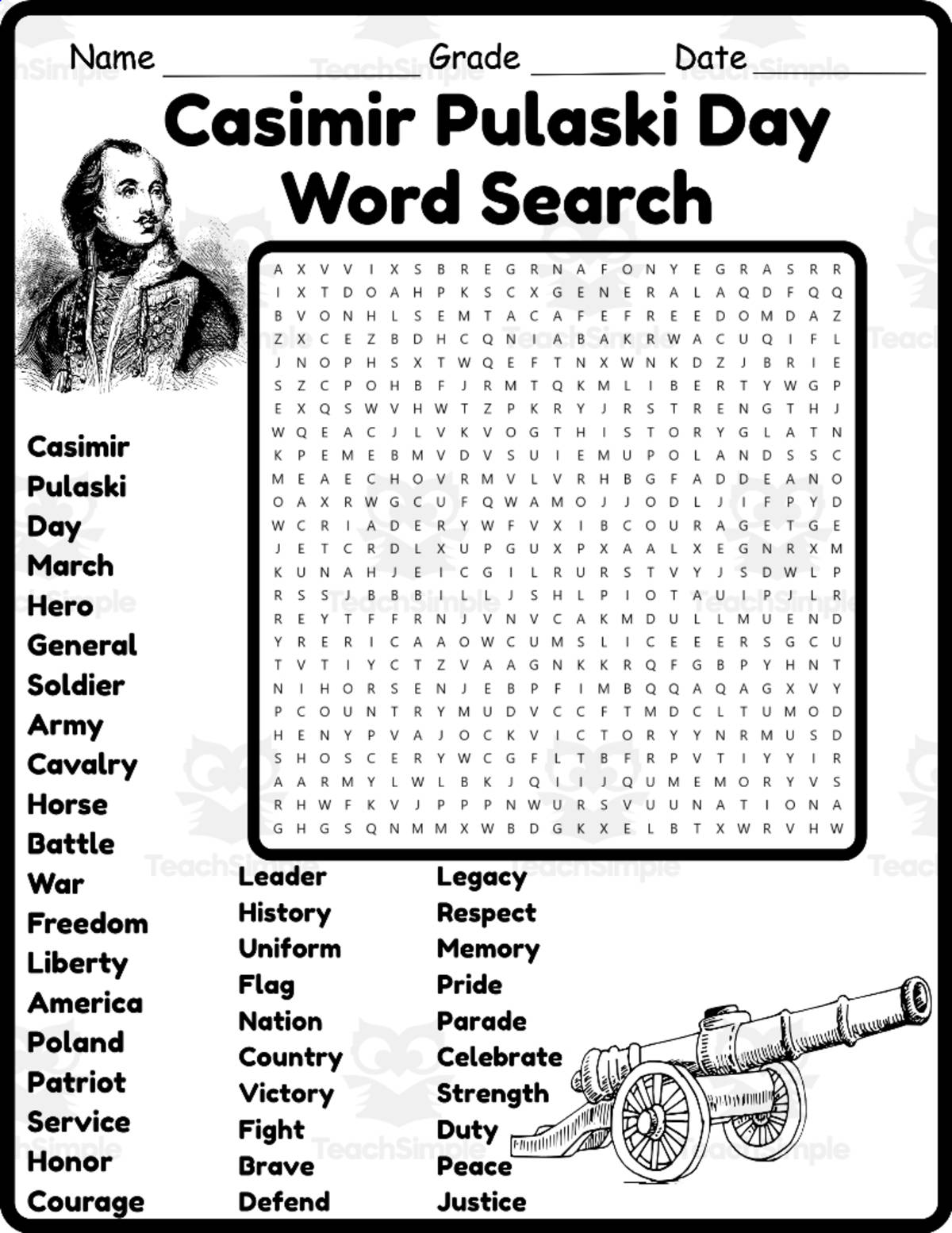 An educational teaching resource from Classsim entitled Casimir Pulaski Day Word Search 2rd 3th 4th 5th Grade worksheet downloadable at Teach Simple.