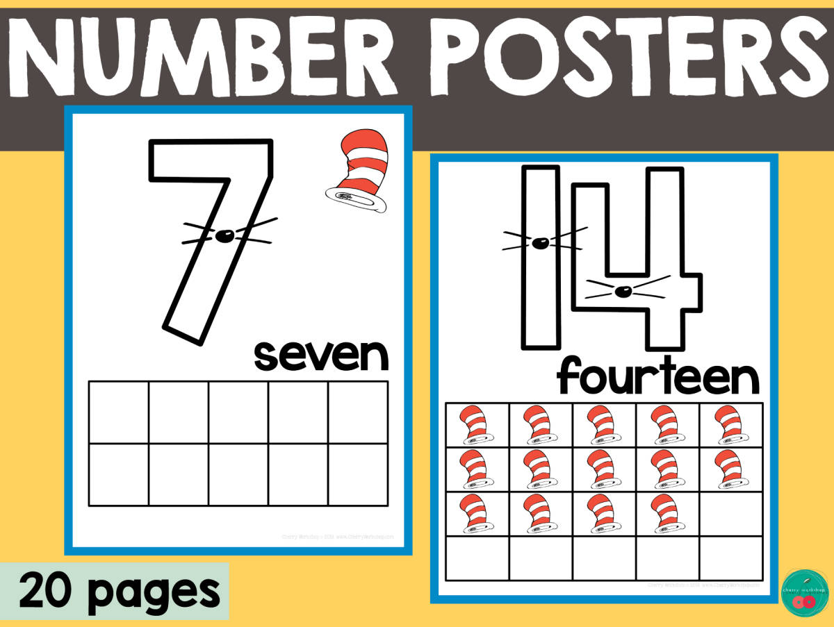 An educational teaching resource from Cherry Workshop entitled Cat In The Hat Number Posters and Playdough Mats - Dr Seuss Inspired Activity downloadable at Teach Simple.