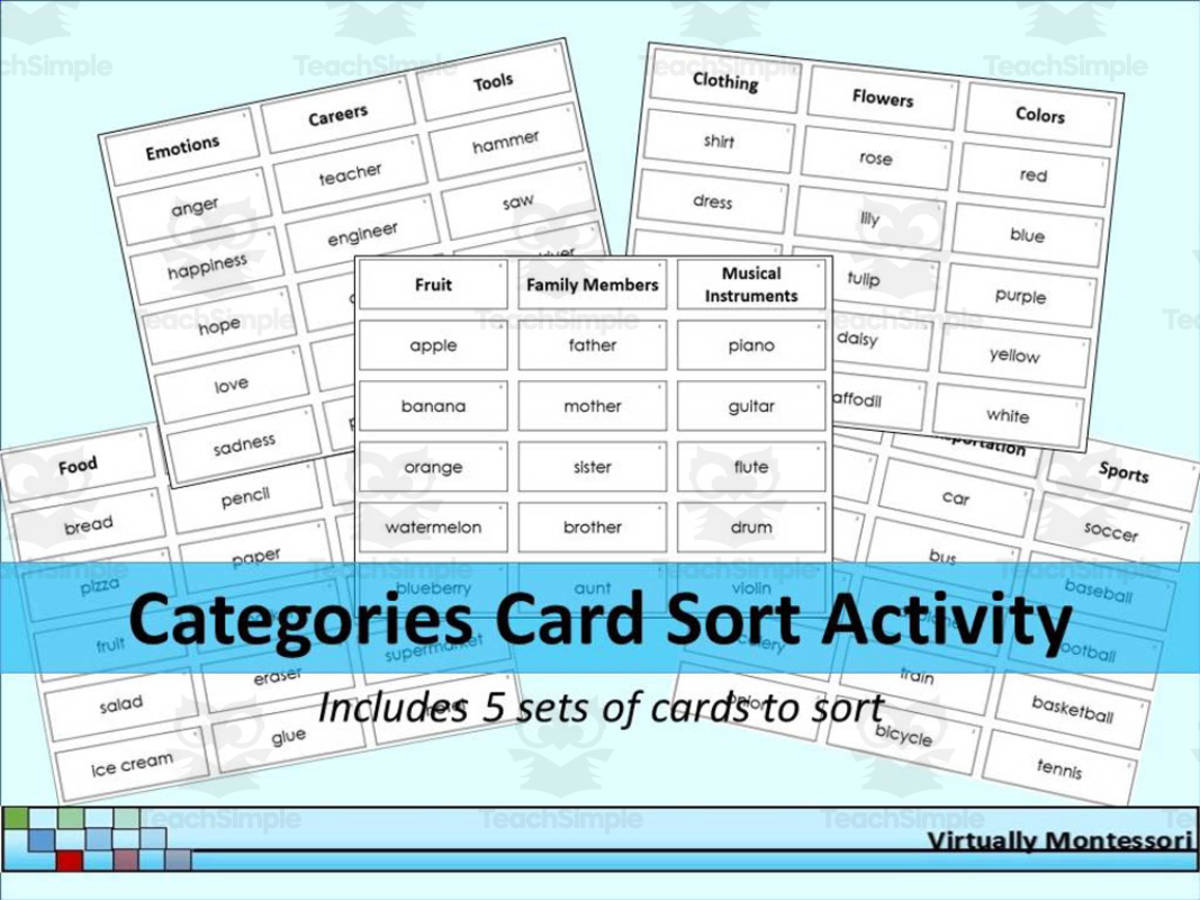 An educational teaching resource from Virtually Montessori entitled Categories Card Sort Activity downloadable at Teach Simple.