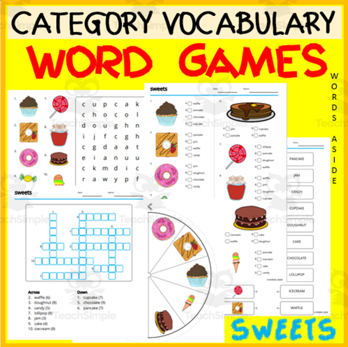 An educational teaching resource from WORDS ASIDE entitled CATEGORY VOCABULARY WORD GAMES| ANAGRAM WORD SEARCH MATCHING QUIZ | sweets downloadable at Teach Simple.