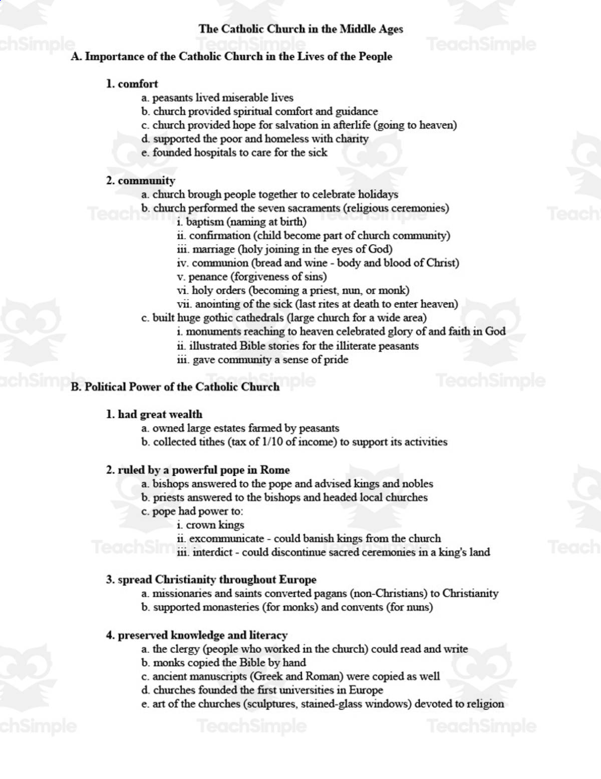 An educational teaching resource from Cogjogger entitled Catholic Church in Middle Ages Outline downloadable at Teach Simple.