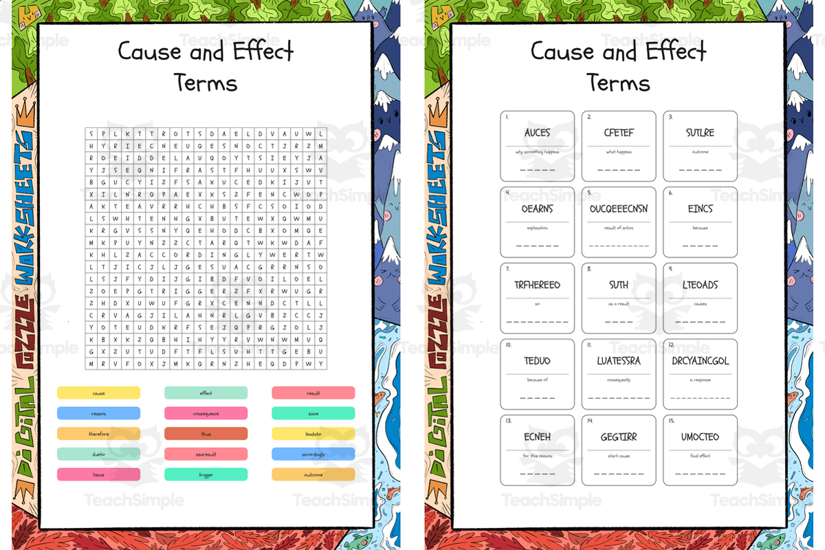 An educational teaching resource from Lapiiin Art Activities entitled Cause and Effect Terms word search, scramble and crossword puzzle downloadable at Teach Simple.