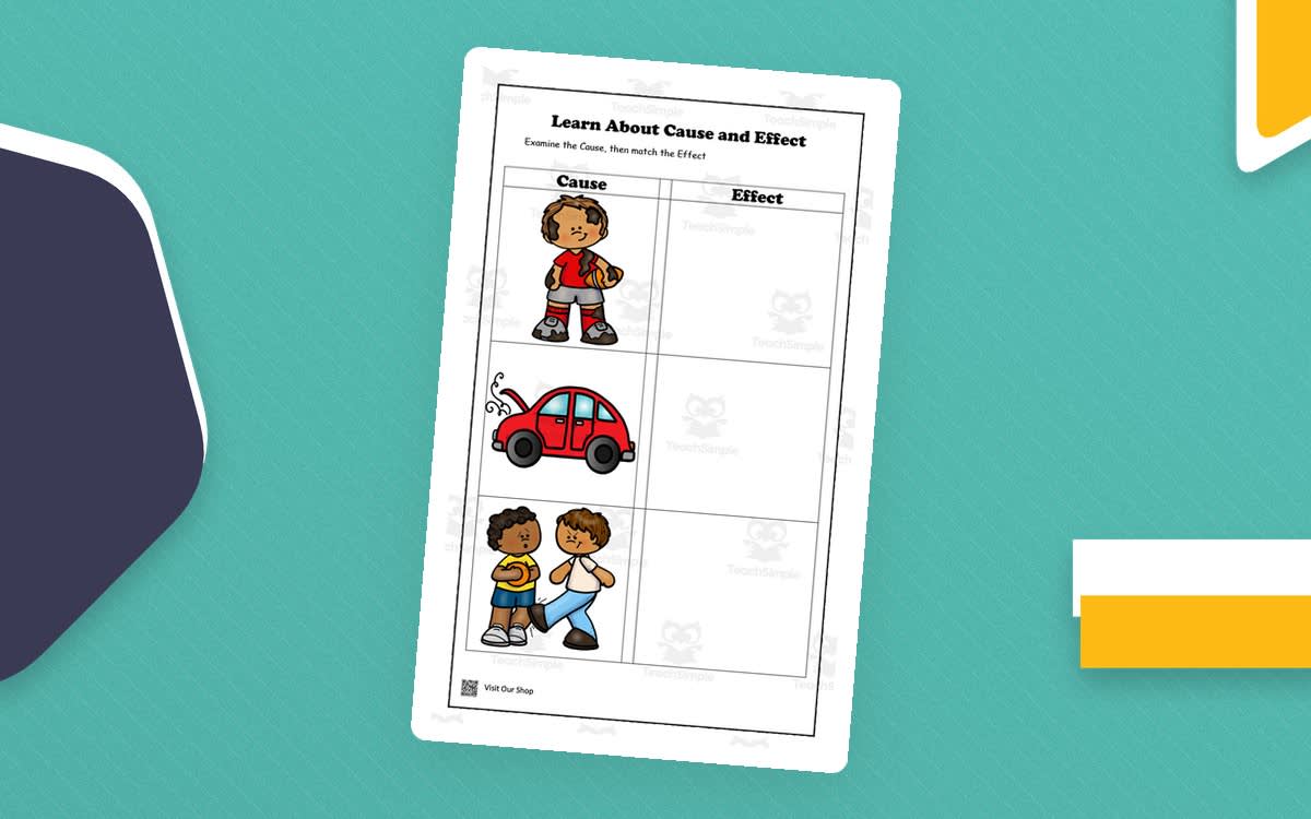 An educational teaching resource from KD's Kids School Shop entitled Cause and Effect – 4-Page Practice Set downloadable at Teach Simple.