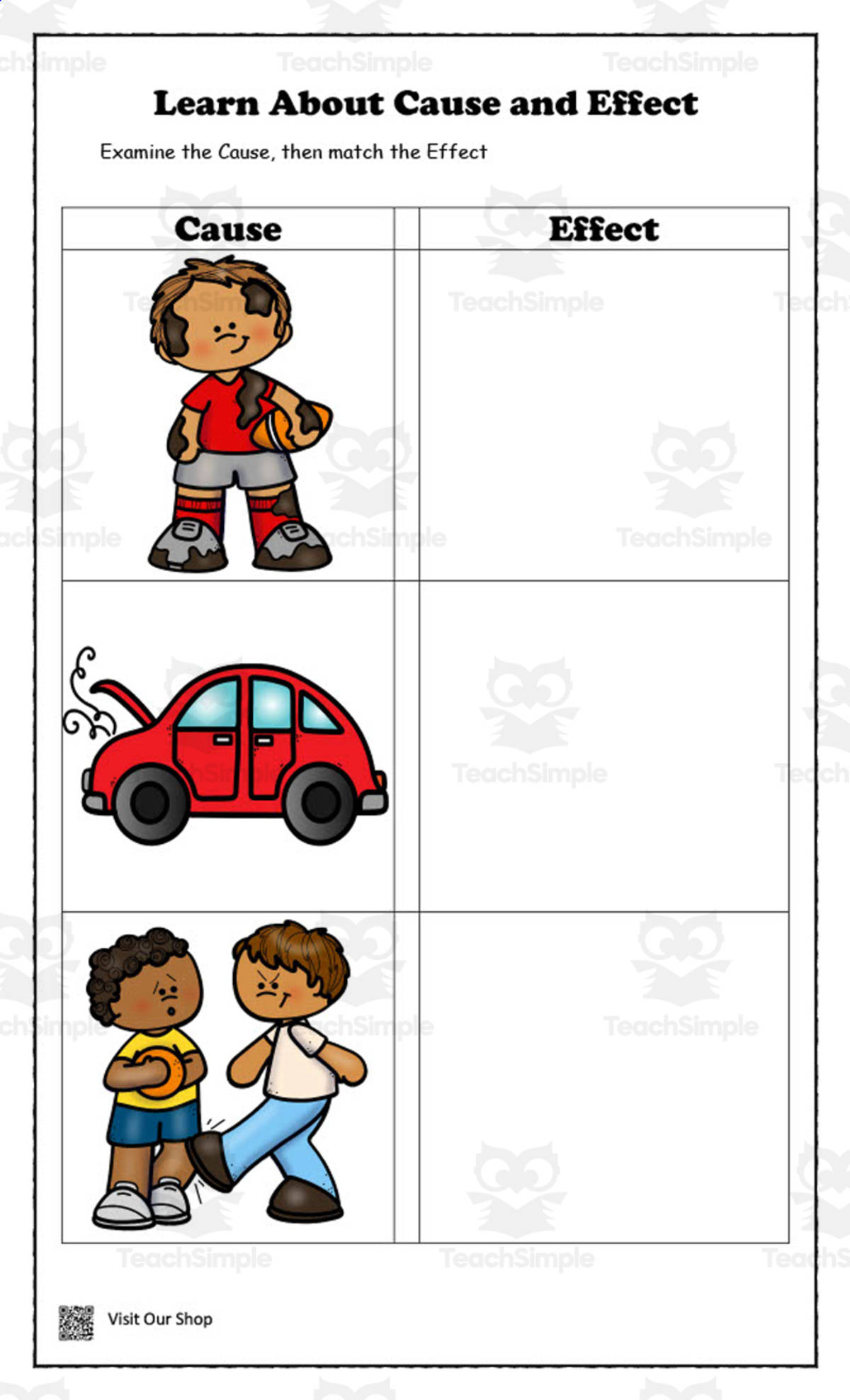 An educational teaching resource from KD's Kids School Shop entitled Cause and Effect – 4-Page Practice Set downloadable at Teach Simple.