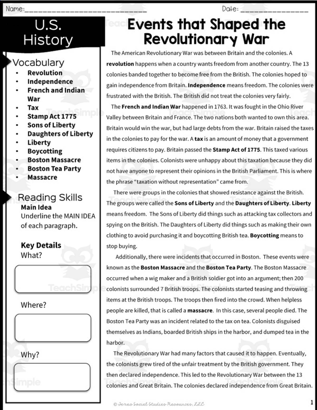 An educational teaching resource from Sarah Miller Tech entitled Causes of the Revolutionary War Reading Packet downloadable at Teach Simple.