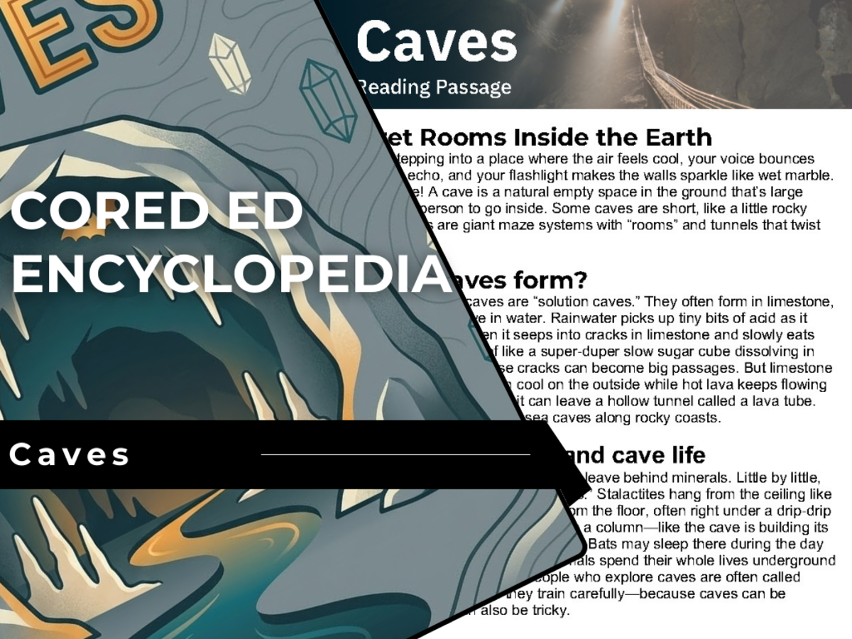 An educational teaching resource from Cored Education entitled Caves Reading Comprehension Passage - Cored Ed Encyclopedia downloadable at Teach Simple.