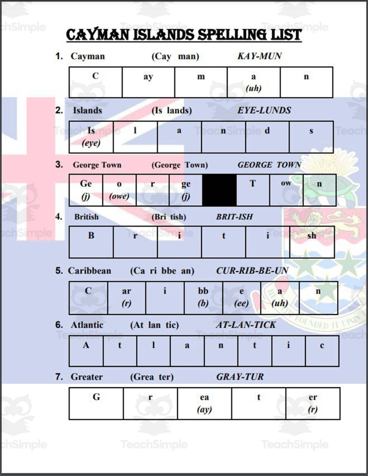 An educational teaching resource from Mr. Matthews Teacher Store entitled Cayman Island Spelling List downloadable at Teach Simple.
