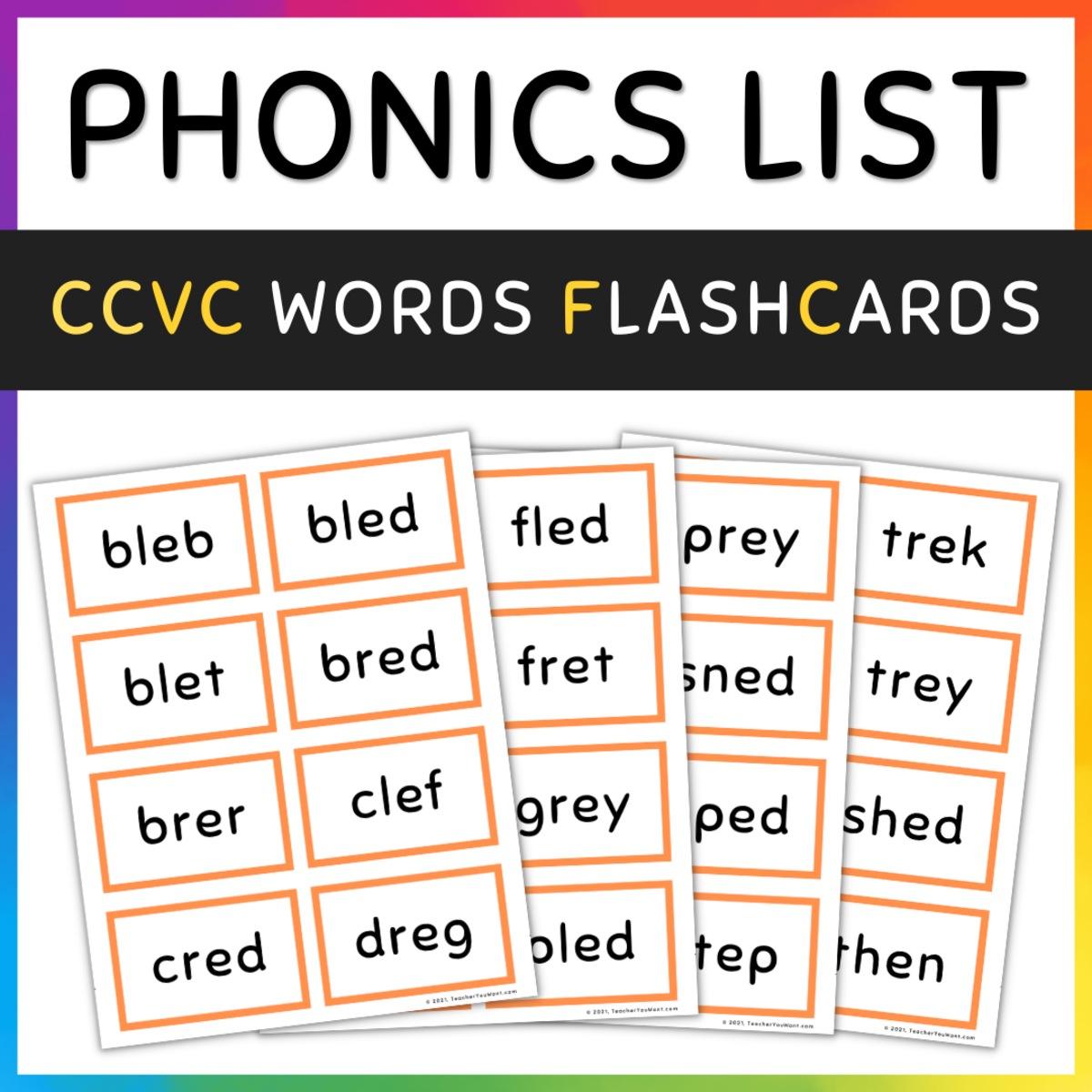An educational teaching resource from TeacherYouWant entitled CCVC Words Flash Cards, Short Vowel E, SET 1 downloadable at Teach Simple.