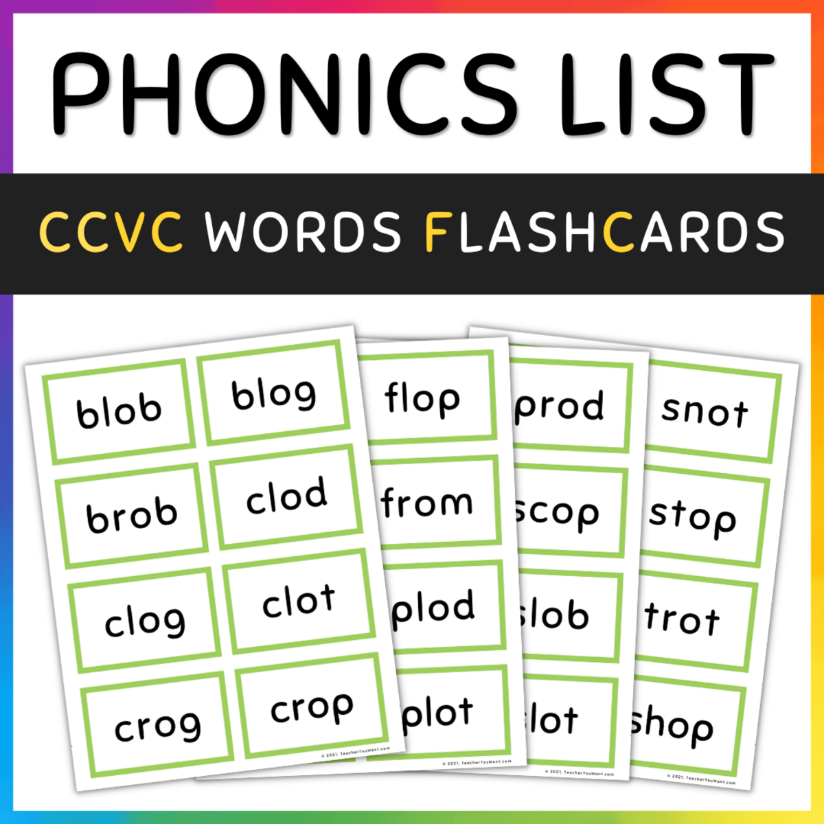 An educational teaching resource from TeacherYouWant entitled CCVC Words Flash Cards, Short Vowel O, SET 1 downloadable at Teach Simple.