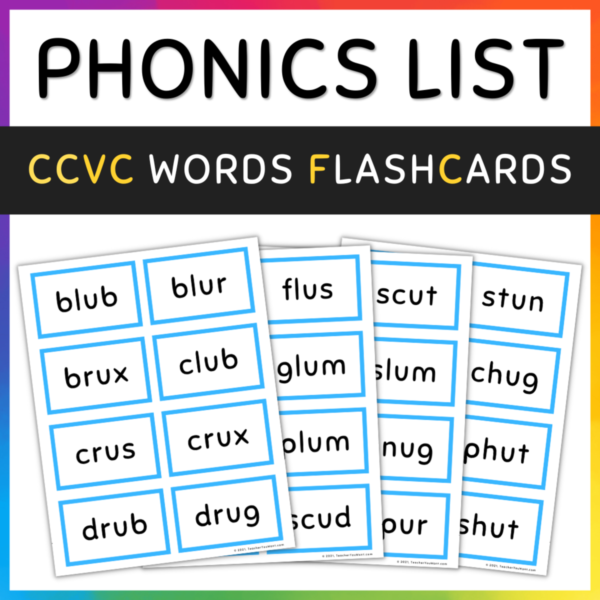 An educational teaching resource from TeacherYouWant entitled CCVC Words Flash Cards, Short Vowel U, SET 1 downloadable at Teach Simple.
