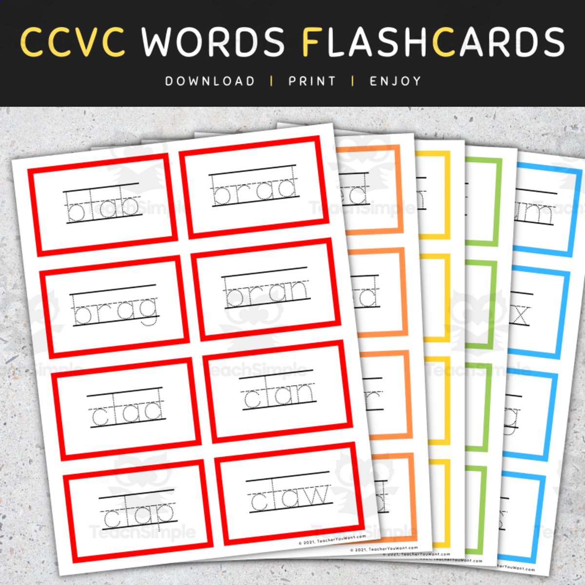 An educational teaching resource from TeacherYouWant entitled CCVC Words Tracing Flashcards: Short Vowels (A E I O U), CCVC Words List downloadable at Teach Simple.