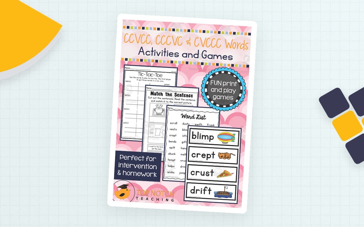 An educational teaching resource from Top Notch Teaching entitled CVCCC, CCVCC and CCCVC Words Phonics Activities downloadable at Teach Simple.