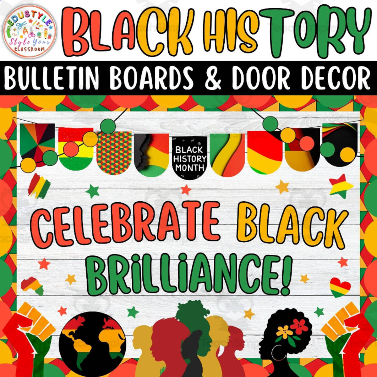 An educational teaching resource from Style Your Classroom entitled Celebrate Black Brilliance!: Black history Month Bulletin Boards kits downloadable at Teach Simple.
