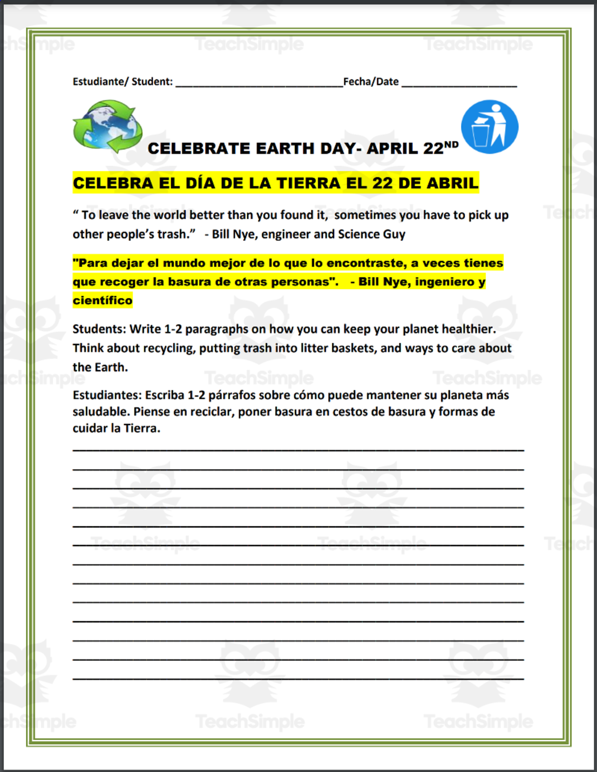 An educational teaching resource from THE LANTERN OF KNOWLEDGE entitled Celebrate Earth Day - Celebra el dia de la Tierra - Bilingüe downloadable at Teach Simple.
