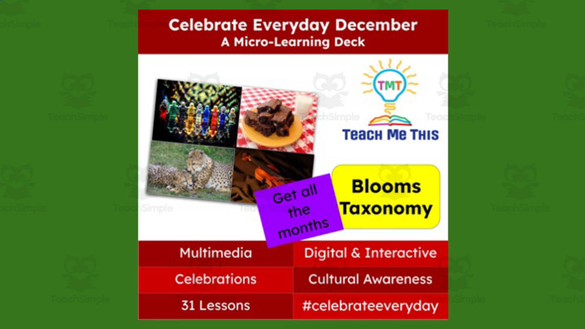 An educational teaching resource from Teach Me This entitled Celebrate Everyday December: A Micro-Learning Deck | Digital Mini Lessons downloadable at Teach Simple.