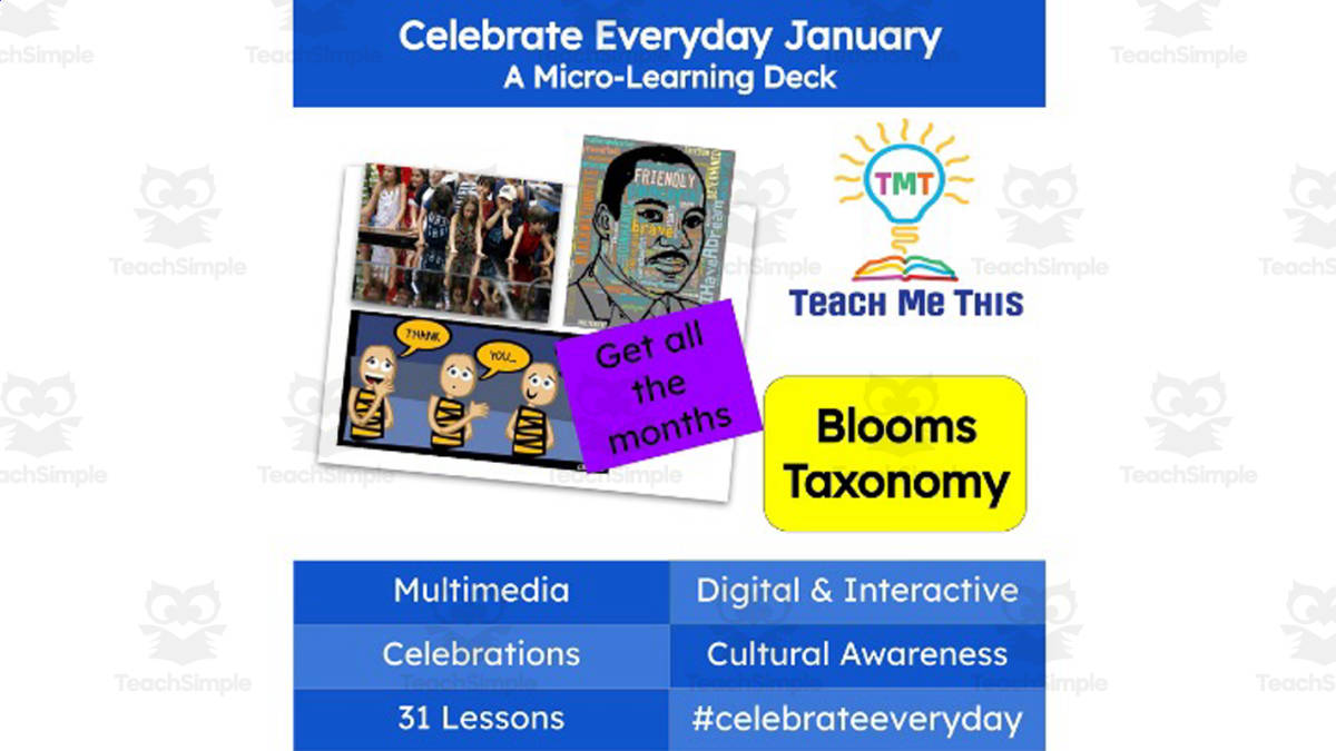 An educational teaching resource from Teach Me This entitled Celebrate Everyday January: A Micro-Learning Deck | Digital Mini Lessons downloadable at Teach Simple.