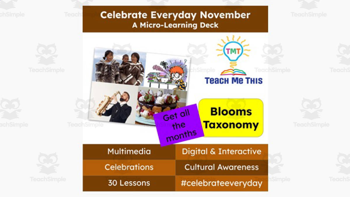 An educational teaching resource from Teach Me This entitled Celebrate Everyday November: A Micro-Learning Deck | Digital Mini Lessons downloadable at Teach Simple.