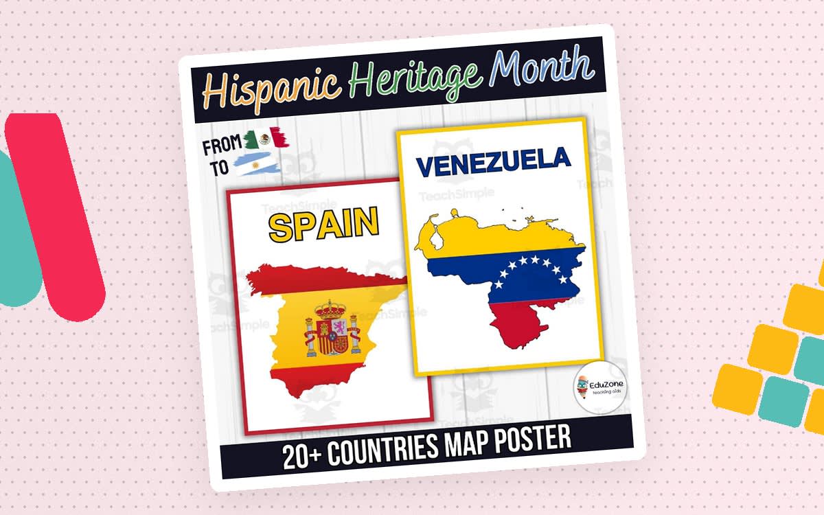 An educational teaching resource from Style Your Classroom entitled Celebrate Hispanic Heritage Month: With Countries Maps Posters downloadable at Teach Simple.
