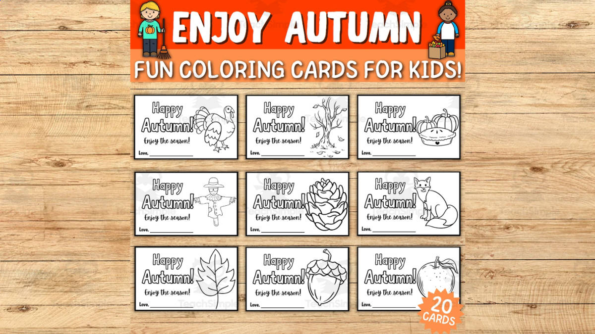 An educational teaching resource from Style Your Classroom entitled Celebrate the Autumn Season with Fun and Engaging Coloring Cards For Kids! - Fall Coloring Cards. downloadable at Teach Simple.