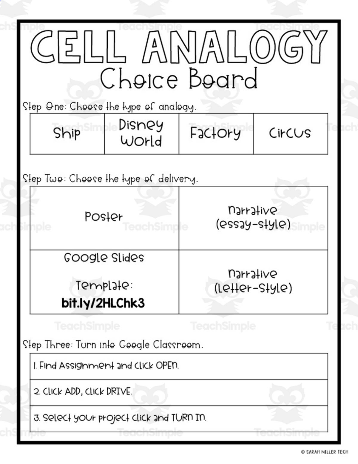 An educational teaching resource from Sarah Miller Tech entitled Cell Analogy Choice Board downloadable at Teach Simple.
