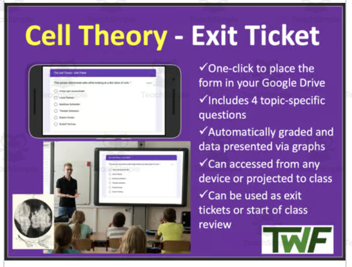 An educational teaching resource from Teach With Fergy entitled Cell Theory - Digital Exit Ticket and Review Activity downloadable at Teach Simple.