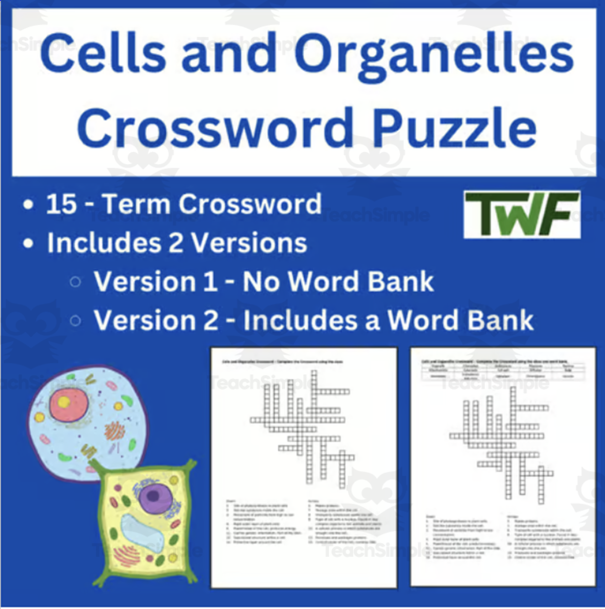 An educational teaching resource from Teach With Fergy entitled Cells and Organelles Crossword Puzzle Review Activity downloadable at Teach Simple.