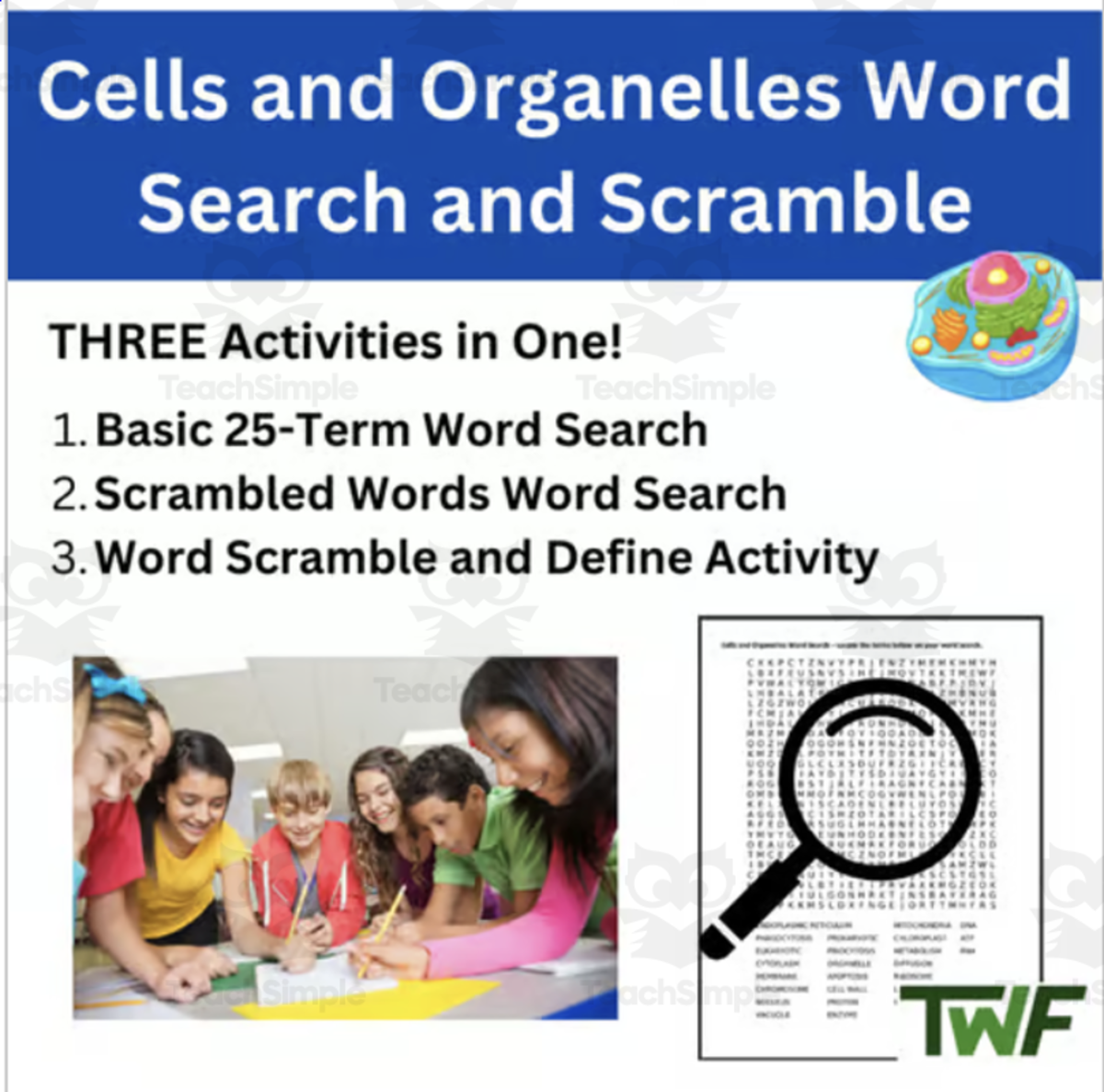 An educational teaching resource from Teach With Fergy entitled Cells and Organelles Word Search and Scramble Activity downloadable at Teach Simple.