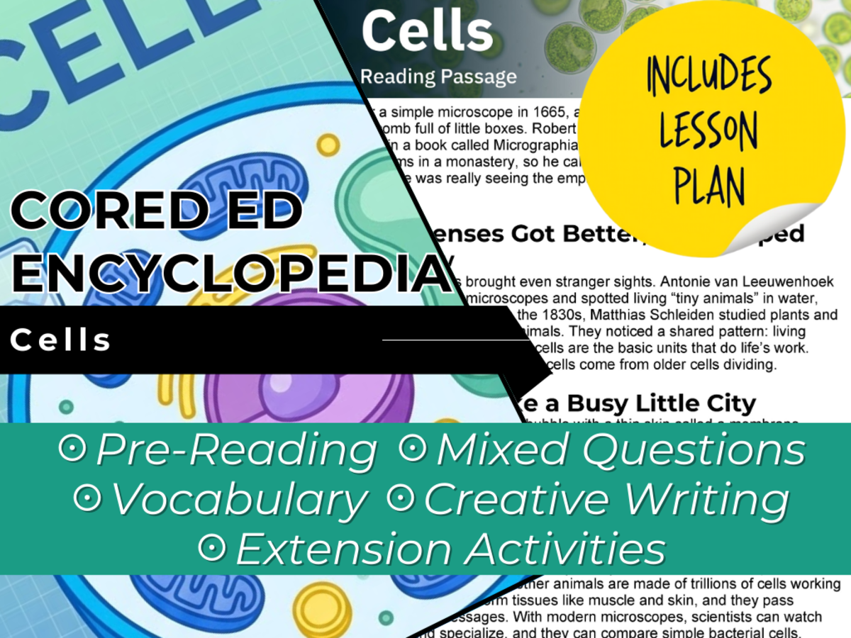 An educational teaching resource from Cored Education entitled Cells Reading Comprehension Passage - Cored Ed Encyclopedia downloadable at Teach Simple.