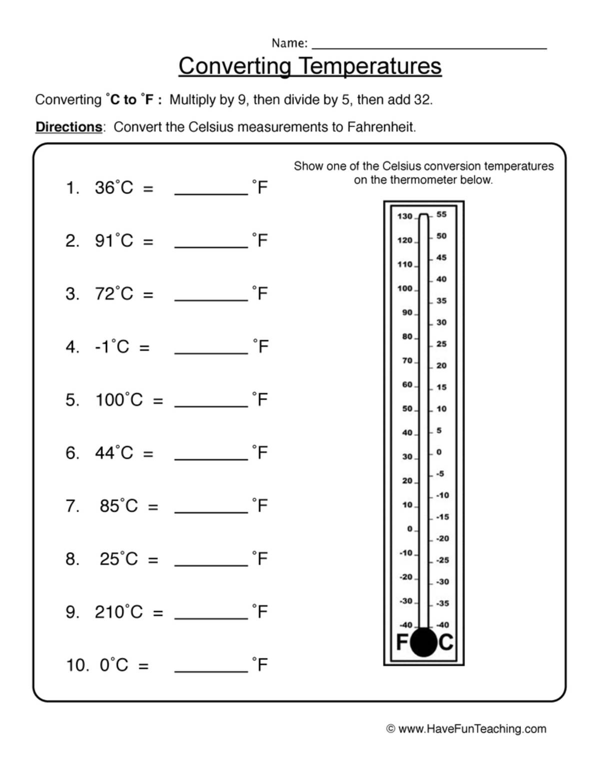 An educational teaching resource from Have Fun Teaching entitled Celsius to Fahrenheit Worksheet downloadable at Teach Simple.