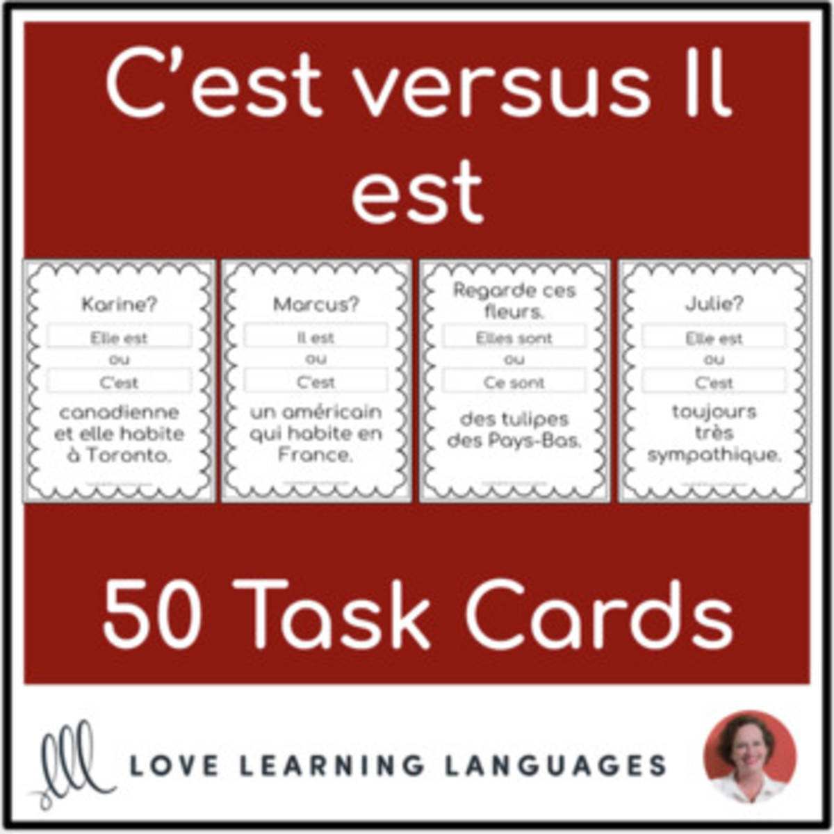 An educational teaching resource from Love Learning Languages entitled C'est vs Il est - 50 French practice cards - Distance learning downloadable at Teach Simple.