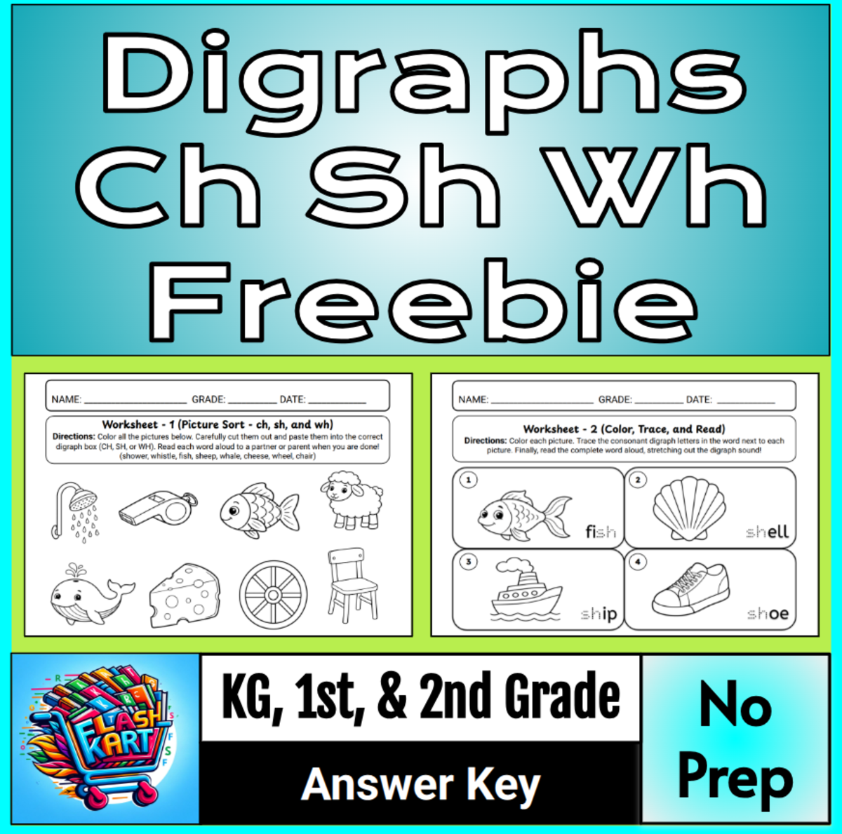 CH SH & WH Digraph Worksheets Coloring Sorting & Cut and Paste Freebie preview