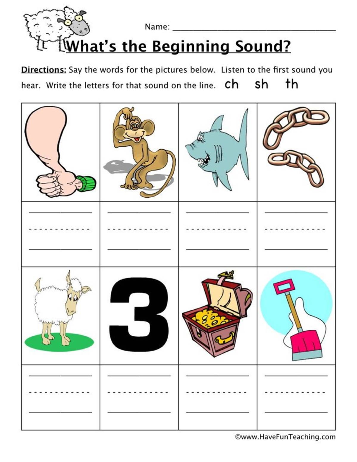 An educational teaching resource from Have Fun Teaching entitled CH, SH, TH Beginning Sounds Worksheet downloadable at Teach Simple.