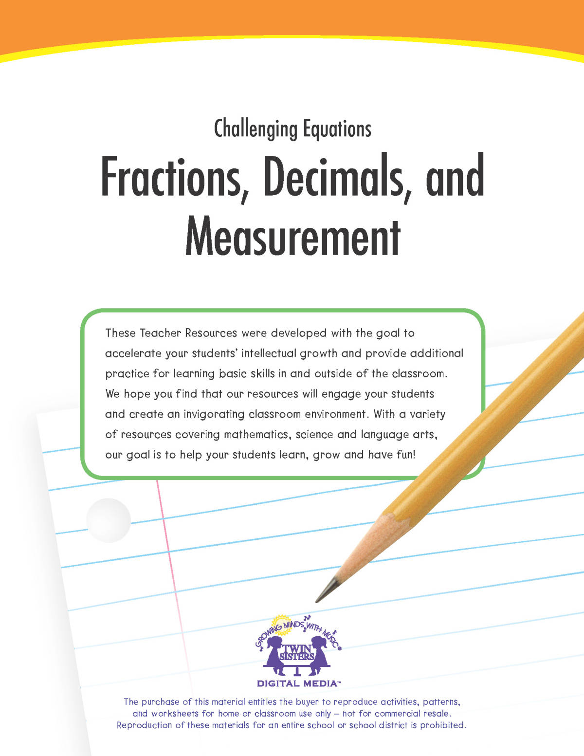 An educational teaching resource from Twin Sisters Digital Media entitled Challenging Equations: Fractions, Decimals, and Measurement Printable Workbook downloadable at Teach Simple.